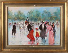 P. Roberti, Stadgezicht met figuren 1900, Olieverf op paneel