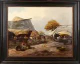 K. Schwartz, Dorpsgezicht met markt en figuren, Olieverf op linnen