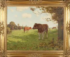 Evert Rabbers, Twents landschap met roodbont koeien, Olieverf op linnen