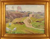 Gesigneerd Schischov?, Impressionistisch Russisch landschap met wandelaar, Olieverf op linnen
