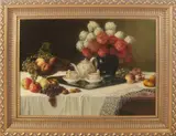 T. Heine, Stilleven met fruit, servies, bloemen., Olieverf op linnen