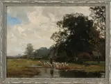 B. Hoppen, Landschap met boerin en ganzen, Olieverf op linnen