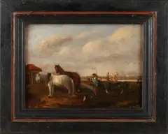 Rustplaats paarden en figuren by Hollandse School, Olieverf op paneel, sold Apr 2018
