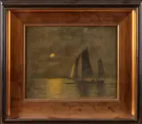 M. Thomas, Zeilboot bij avondlicht, Olieverf op paneel