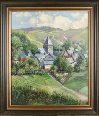 Ludwig Müller, Zonnig dorpsgezicht, Olieverf op linnen