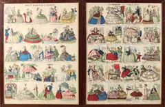 4x Gravures, Geschiedenis hoepelrok, Vier vroeg 19e eeuwse handingekleurde Franse gravures over de geschiedenis van de hoepelrok