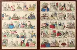 4x Gravures, Geschiedenis hoepelrok, Vier vroeg 19e eeuwse handingekleurde Franse gravures over de geschiedenis van de hoepelrok