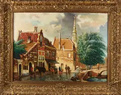 J. Visser, Hollands stadsgezicht, Olieverf op linnen