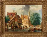 J. Visser, Hollands stadsgezicht, Olieverf op linnen