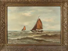 A. Cabali, Platbodems op zee met figuren, Olieverf op linnen