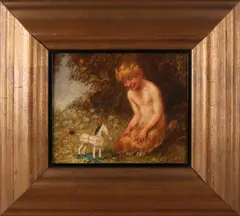 Carl Plückebaum, Faun met houten speelgoedpaard, Olieverf op paneel