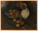 Cor Noltee, Stilleven met fruit, zonnebloem op kan