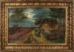 A. Rohreich, Landschap met vakwerkhuis, Olieverf op linnen