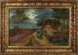 A. Rohreich, Landschap met vakwerkhuis, Olieverf op linnen