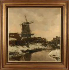 Willem George Frederik Jansen, Besneeuwd dorpsgezicht, Olieverf op linnen