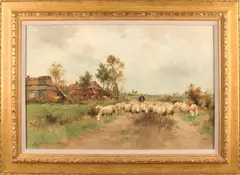 Adriaan Groenewegen, Landschap met schapen, herder en boerderij, Aquarel op papier