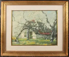 Gesigneerd Paul Bodifee, Boerderij met koeien onder bloesemboom, Aquarel op papier