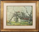 Gesigneerd Paul Bodifee, Boerderij met koeien onder bloesemboom, Aquarel op papier