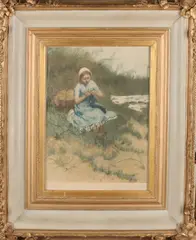 Handwerkend meisje in de duinen by Bernard Blommers, Lithografie op papier, sold Jan 2018