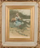 Bernard Blommers, Handwerkend meisje in de duinen, Lithografie op papier
