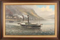 Jan Schaeffer, Raderboot op rivier, Olieverf op linnen