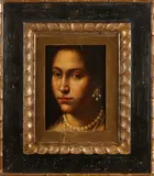 Onduidelijk gesigneerd, Zuid Europese schone met parelsieraden, Olieverf op linnen