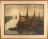 ' Vissersboten bij ondergaande zon'. by Willem Paerels, 1878-1962, Pastel op papier, sold Jan 2018
