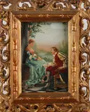 Romantisch paar op balkon by Antiek schilderijtje in lijst, Olieverf op papier, sold Jan 2018