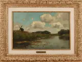 Aris Krikker, Hollands riviergezicht met windmolens, Olieverf op paneel