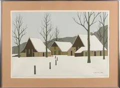 Klaas Bernink, Twentse boerderij in sneeuw, Lithografie op papier