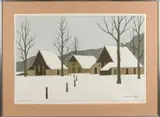 Klaas Bernink, Twentse boerderij in sneeuw, Lithografie op papier