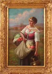 Max Carlier, Boerenvrouw met bloemen, Olieverf op paneel
