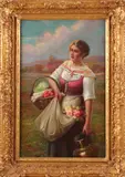Max Carlier, Boerenvrouw met bloemen, Olieverf op paneel
