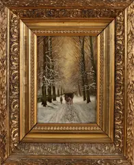 H. Wittenburg, 'Besneeuwd bosgezicht met paardenkar'., Olieverf op paneel