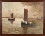 Boten op zee by Onduidelijk gesigneerd, Olieverf op paneel, sold Jan 2018