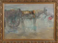 Leon Senf, Schelpenvisser met paarndenkar, Olieverf op linnen