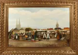 F.L. Corsius, 'Marktgezicht', Schilderij met imposante lijst ! Olieverf op linnen
