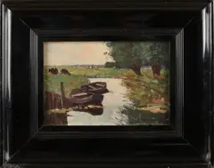 Onduid. gesig., Landschap met sloot, boten, wilgen en koeien., Olieverf op paneel