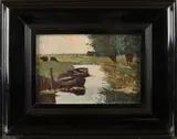 Onduid. gesig., Landschap met sloot, boten, wilgen en koeien.