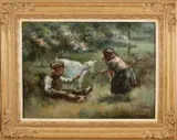 J. van Mourik, Kinderen met geit, Olieverf op paneel