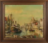 Havengezicht van Danzig by Onduidelijk gesigneerd, Olieverf op linnen, sold Jan 2018