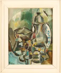 Theo Nijs, 'Stilleven met koffieset'., Olieverf op paneel