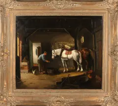 J.T. Maten, Paardenstal met boer en kip, Olieverf op linnen