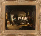 J.T. Maten, Paardenstal met boer en kip, Olieverf op linnen