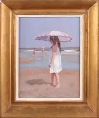 Jan Engel, Meisje met parasol op strand, Olieverf op paneel