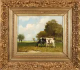 Landschap met koeien by Onduidelijk gesigneerd, Olieverf op paneel, sold Jan 2018