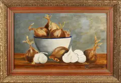 J. van Oosten, Stilleven met knoflook en uien, Olieverf op paneel