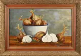 J. van Oosten, Stilleven met knoflook en uien, Olieverf op paneel