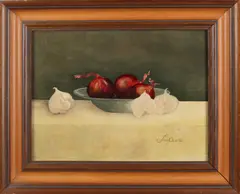 J. van Oosten, Stilleven met rode uien en knoflook, Olieverf op paneel