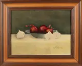 J. van Oosten, Stilleven met rode uien en knoflook, Olieverf op paneel